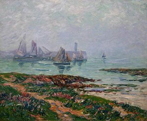 Scène côtière avec bateaux de pêche