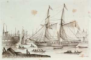 Croquis de navires dessinés et gravés par Henry Moses : carcasses à Sheerness
