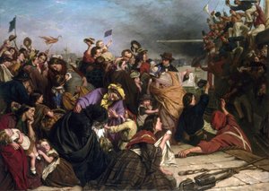 Adieu des immigrants, sur un quai de la Tamise (Angleterre), description de groupes de personnes de tous âges et classes sociales, ainsi que des marins en chemises rouges et bleues sur le bateau saluant la foule - Henry Nelson O