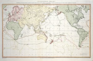 Carte générale montrant les découvertes faites par le capitaine James Cook lors de ce voyage et de ses deux précédents, avec les routes des navires sous son commandement. Par le lieutenant Roberts de la Marine Royale