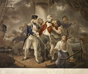 Capt. Trollope dans le Glatton de 54 caronades engageant une escadre française de 8 navires de guerre portant 230 canons, gravé par James Daniell, 1797