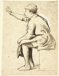 Homme assis avec le bras levé