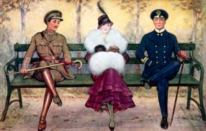 Fille sur un banc, avec un soldat et un marin de chaque côté