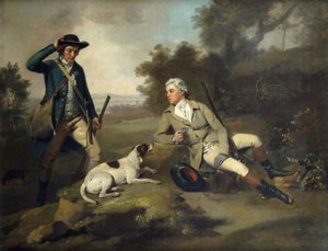 Un gentleman allongé avec un fusil et un chien et son garde-chasse debout à proximité - Henry Walton