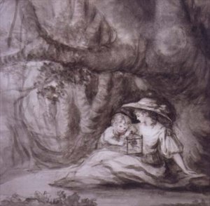 Femme assise et enfant avec un oiseau en cage
