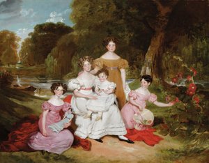 Portrait de groupe de la famille Ward Hunt dans un paysage devant une rivière