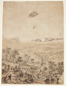 Paysage panoramique avec paysans, pêcheurs et une église de village - Herman Saftleven