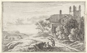 Bâtiment avec une tour carrée (Titreblad en twaalf gezichten op Rome) - Herman van Swanevelt
