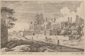 Paysage avec ruines et une femme avec un parasol