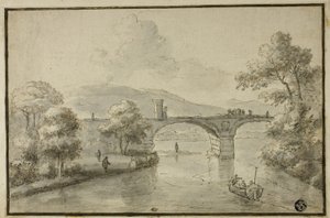 Rivière avec pont en arc et bateau