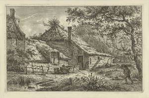 Cour de ferme avec homme portant du bois - Hermanus Fock