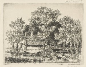 Paysage fluvial avec une barque et des canards - Hermanus Jan Hendrik van Rijkelijkhuysen