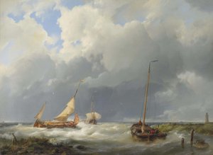 Scène côtière avec des bateaux de pêche - Hermanus Koekkoek