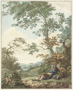 Homme endormi avec un chien sous un arbre - Hermanus Numan