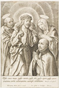 Ignace de Loyola agenouillé devant le Christ, la Vierge et saint Pierre - Hieronymous Wierix