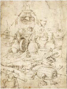 Paysage infernal par Bosch, Hieronymus (c. 1450-1516). Plume, encre indienne brune sur papier, c. 1500, Collection privée