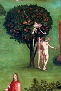 Triptyque du Jugement dernier, panneau de gauche. Adam et Ève au Paradis (détail)