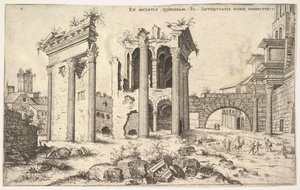 Vue de ruines non identifiées avec une façade à architrave à gauche, des arcades au centre et une arche à droite - Hieronymus Cock