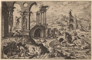 Saint Jérôme dans un Paysage avec des Ruines - Hieronymus Cock after Maerten van Heemskerck