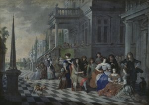 Personnages faisant de la musique devant un palais, 1672 - Hieronymus Janssens