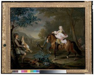 Un gentilhomme à cheval avec des chasseurs dans un paysage étendu - Hieronymus van der Mij