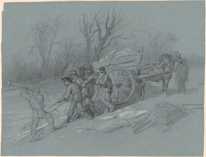 Ouvriers ramassant de la glace au bord de l