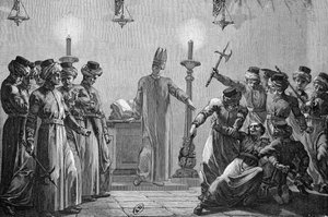 Meurtre rituel commis par les Danites, selon les allégations des opposants mormons, dessiné par David et gravé par A. Gusmand