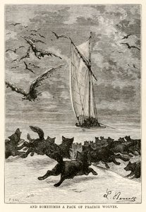 Et parfois une meute de loups des prairies, de Le Tour du Monde en Quatre-vingts Jours par Jules Verne (1828-1905) gravé par Louis, 1873