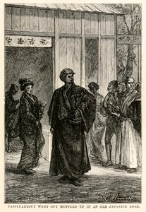 Passepartout sortit emmitouflé dans une vieille robe japonaise, de Le Tour du Monde en Quatre-vingts Jours par Jules Verne (1828-1905), gravé par Louis Prevost, 1873 - Hippolyte Leon after Benett