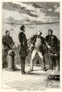 Pirate! cria Andrew Speedy., de Le Tour du Monde en Quatre-vingts Jours par Jules Verne (1828-1905) gravé par Louis Dumont (né en 1822), 1873