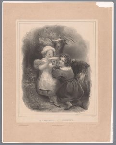 Deux enfants avec une chèvre buvant du lait de chèvre