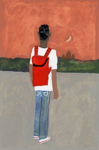 Un voyageur portant un sac à dos rouge, 2016