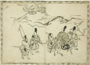 Le voyage oriental de Narihira, extrait du livre illustré "Panorama des peintures sur écrans et rouleaux suspendus (Byobu kakemono ekagami)".