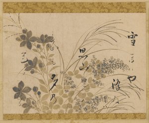 Fleurs, herbes et un poème, période Edo, 1615-1637