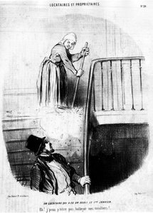 Un locataire qui a eu un oubli le 1er janvier. Hé ! Je ne peux pas jeter mes grimpeurs ! , tiré de « Locataires et Propriétaires », série de caricatures par Honoré Daumier (1808-1879). « Charivari »