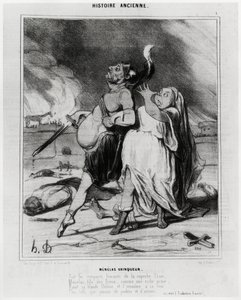 Histoire ancienne : Ménélas vainqueur, caricature pour illustrer un extrait de l