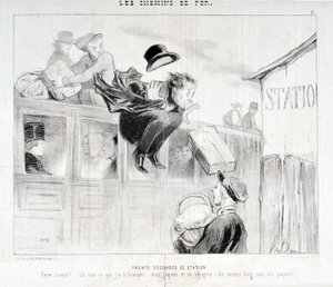Œuvre de Honoré Daumier (1808-1879). Charivari daté de 1843 : Série LES Chemins de fer Trente secondes de station « - Tiens Joseph ! voilà tout ce que j