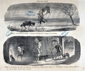 Œuvre de Honoré Daumier (1808-1879) Charivari datant de 1853 : Série Sketches de Chasse Départ Cinq heures du matin, - le chasseur trouve que le temps est incertain - Retour à six heures du soir, - le chasseur est fixé, il a reconnu que