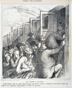 Œuvre de Honoré Daumier (1808-1879). Charivari daté de 1864 : Série Sketch Les trains de plaisir « - Quand après dix assauts infructueux, nous parvenons enfin à conquérir une place dans un wagon, nous éprouvons un premier et très vif plaisir ». MUSEE DES B