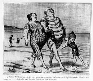 Aux bains de mer : famille parisienne se promenant sur une plage - par Daumier, dans « Charivari »
