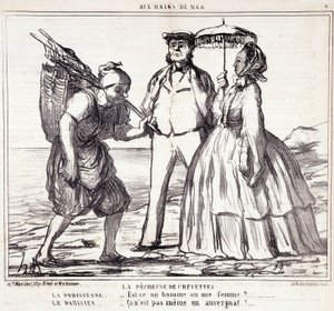 Caricature sur les touristes parisiens en vacances. Série « Ax Bains de Mer » : « La pêche aux crevettes... » Gravure par Honoré Daumier (1808-1879). Extrait du journal « Le Charivari » du 5 septembre