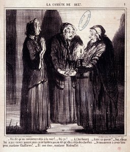 Caricature sur la science. Série sur « la Comète de 1857 » : « Ils disent que nous commençons déjà à la voir !... » Gravure par Honoré Daumier (1808-1879). Extrait du journal « Le Charivari » du 7 mars - Honoré Daumier
