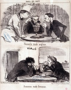 Caricature sur les abus gastronomiques. Série Paris qui boit : nouvelle mode anglaise et ancienne mode française. Gravure par Honoré Daumier (1808-1879). Extrait du journal Le Charivari du 23 juin 1852 Dim 37x26 cm Inv D 2312 - boîte 24 N°7. Marseille, Mus - Honoré Daumier