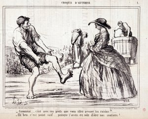 Caricature sur les vendangeurs foulant les raisins pieds nus. Série 