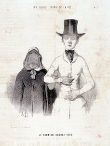 Caricature sur le couple. Série « Les Beaux Jours de la Vie » : « Le premier rendez-vous ». Gravure par Honoré Daumier (1808-1879). Extrait du journal « Le Charivari » du 2-3 janvier.