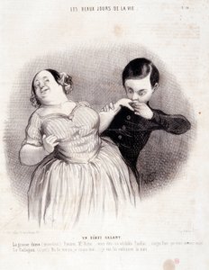 Caricature sur le couple. Série « Les Beaux Jours de la Vie » : « Un début galant... ». Gravure par Honoré Daumier (1808-1879). Extrait du journal « Le Charivari » du 10 juillet. - Honoré Daumier