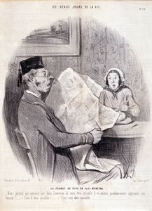 Caricature sur la presse. Série « Les beaux jours de la vie » : « Le format de plus en plus monstrueux... ». Gravure par Honoré Daumier (1808-1879). Extrait du journal « Le Charivari » du 18 octobre
