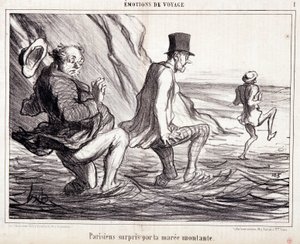 Caricature sur les touristes en vacances. Série « Les Bains de Mer » : « Émotions de voyage. Parisien surpris par la marée montante ». Gravure par Honoré Daumier (1808-1879). Extrait du journal « Le Charivari » du 8 octobre. - Honoré Daumier