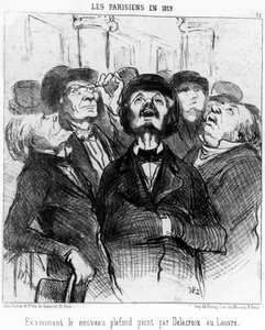 Les Parisiens en 1852 examinant le nouveau plafond peint par Delacroix au Louvre, tiré de « Peintures et Salons », série de caricatures par Honoré Daumier (1808-1879). « Charivari » - Honoré Daumier