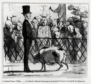 Le jardin des plantes à Pékin : les Chinois admirant un quadrupède de France et un bipède du même pays. Illustration par Honoré Daumier (1808-1879), publiée dans Charivari, Chine Actualités